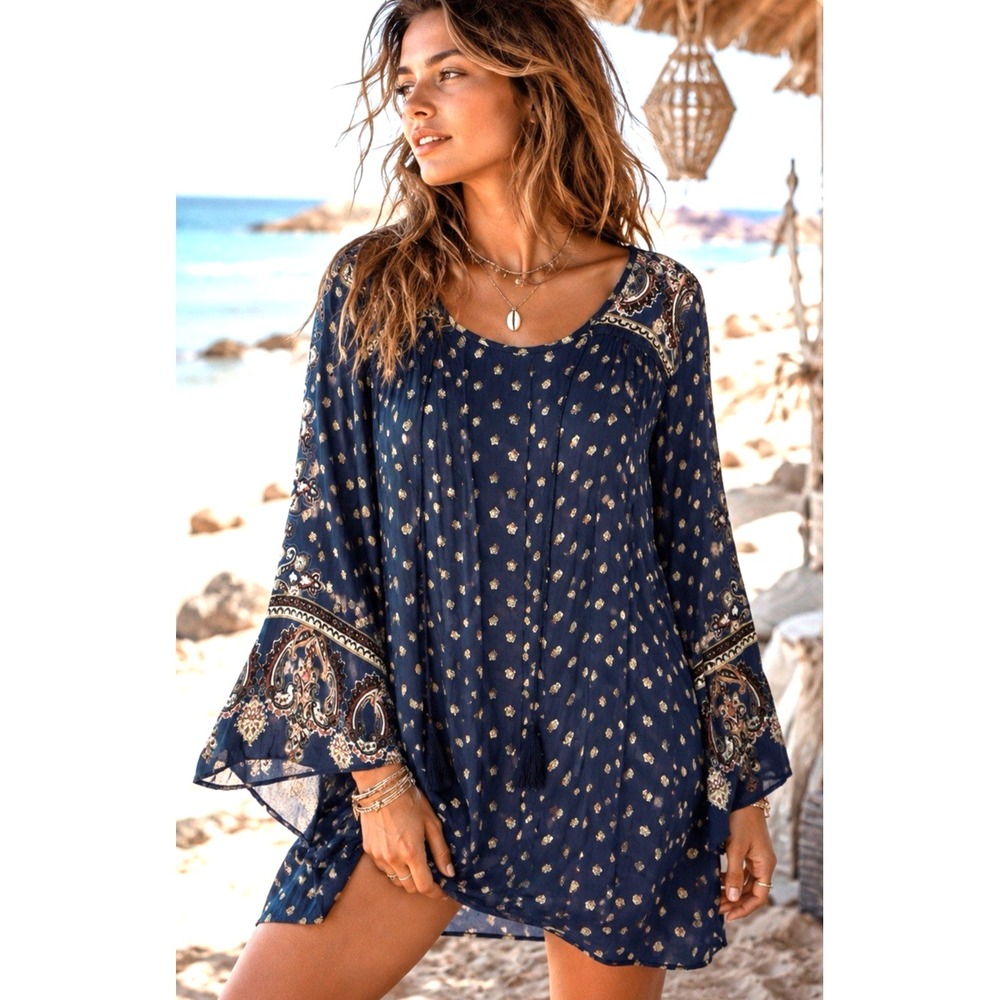 Angie Floral Bell Sleeve Pasley Mini Dress Size L Tassel Beach Boho Coastal Navy